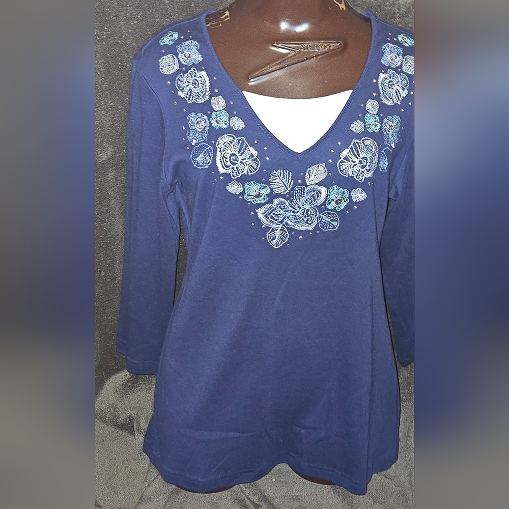 Vint Karen Scott Shirt Top Embroider Faucet Cut Studs Women's Size S Navy Blue
